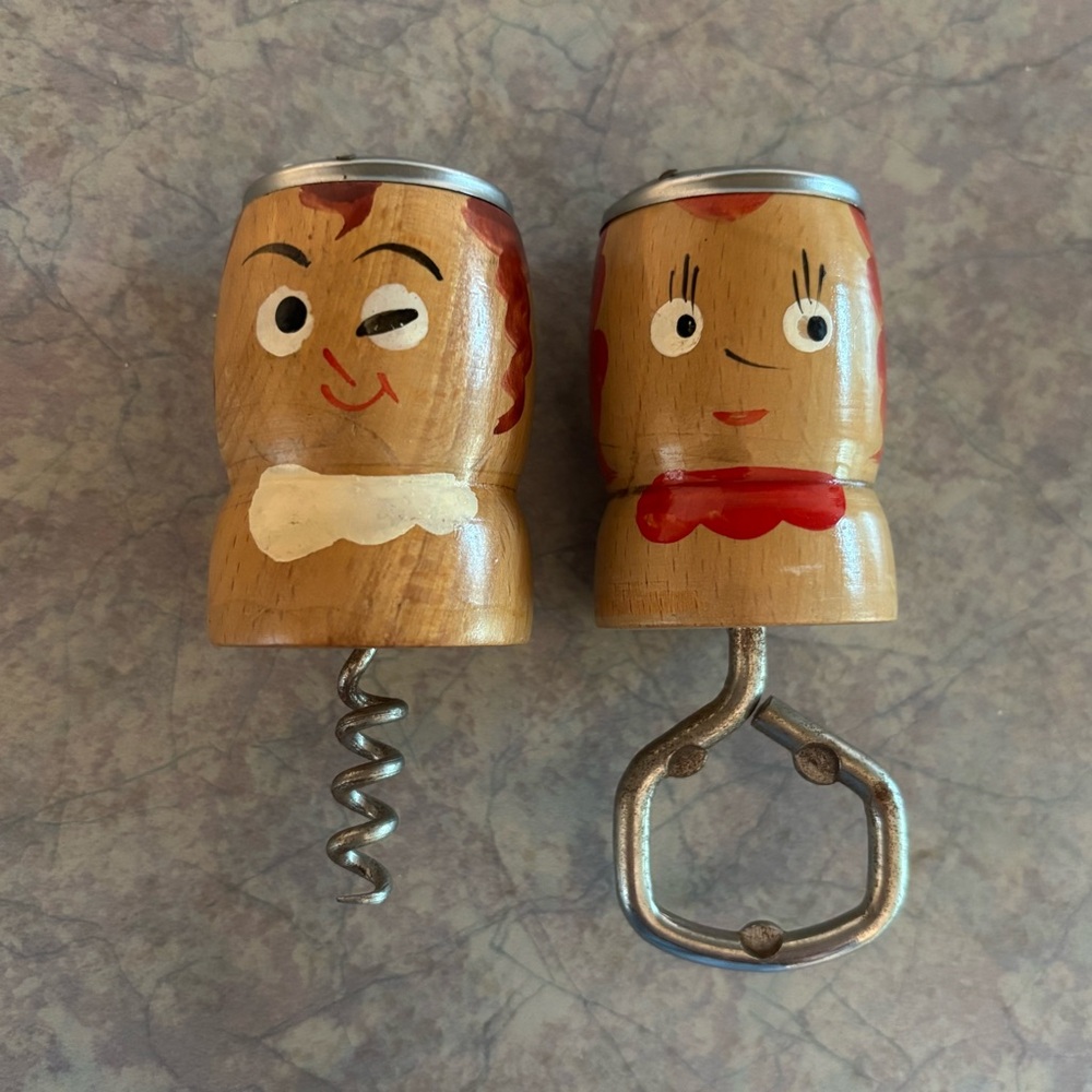 70's His/Hers Salt and Pepper Shakers - Corkscrew - Bottle Opener - Barcart Tool